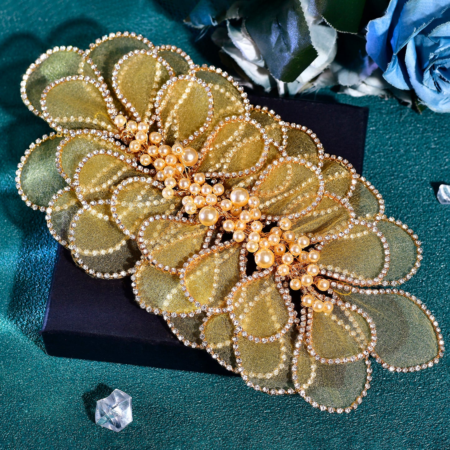 BRIDELLA BHP681 Handmade Mesh Flower Headband Women Gold Color Pearl Headwear Hair Accessories Rhinestone Wedding Headdress