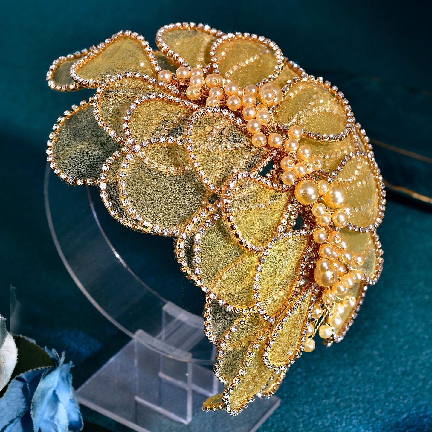 BRIDELLA BHP681 Handmade Mesh Flower Headband Women Gold Color Pearl Headwear Hair Accessories Rhinestone Wedding Headdress