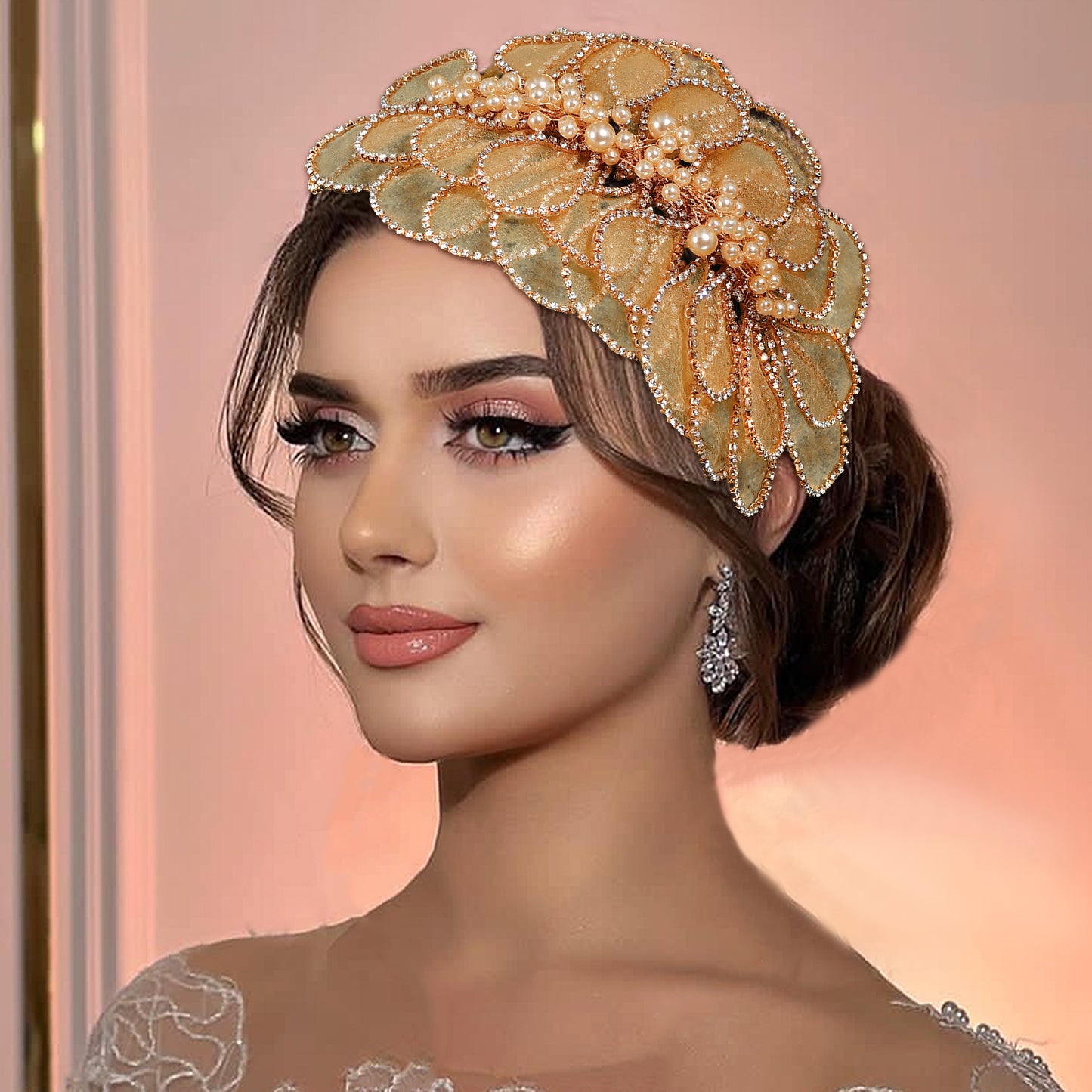 BRIDELLA BHP681 Handmade Mesh Flower Headband Women Gold Color Pearl Headwear Hair Accessories Rhinestone Wedding Headdress