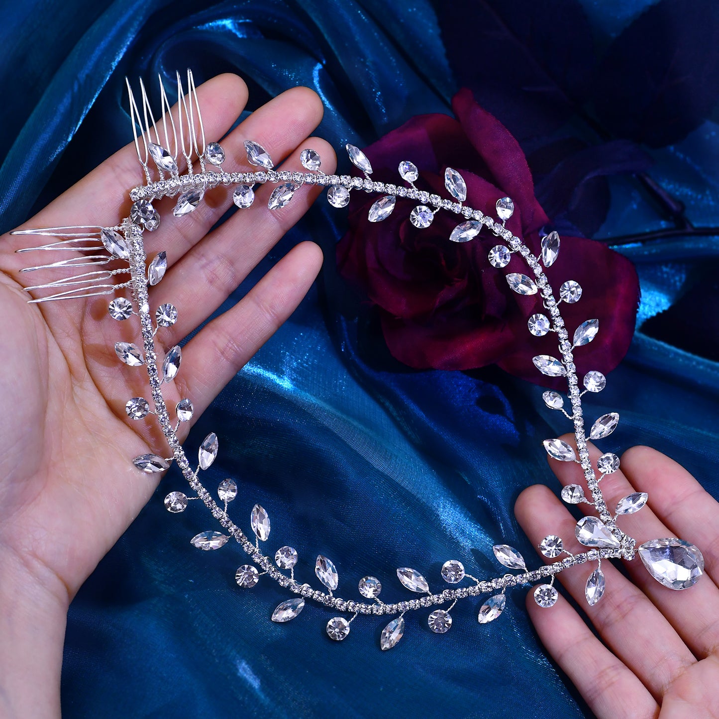 BRIDELLA BHP465 Women Headband Forehead Bridal Headdress Water Drop Head Chain Bride Headpiece with Combs Wedding Hair Accessories