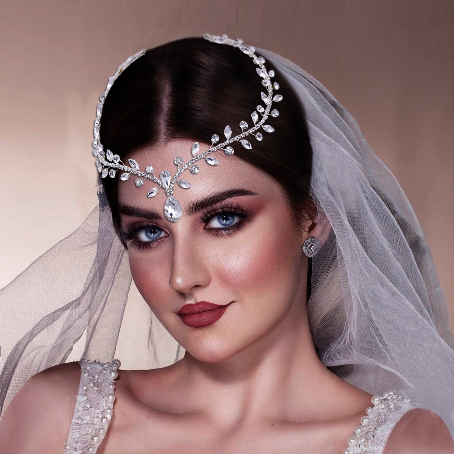 BRIDELLA BHP465 Women Headband Forehead Bridal Headdress Water Drop Head Chain Bride Headpiece with Combs Wedding Hair Accessories
