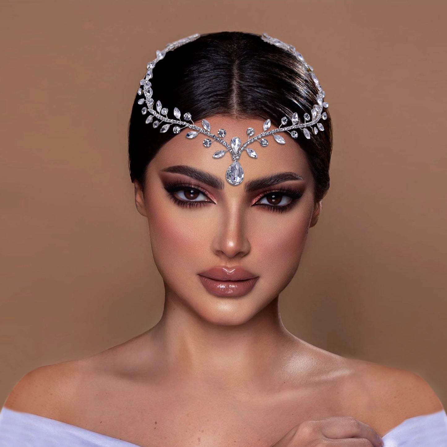 BRIDELLA BHP465 Women Headband Forehead Bridal Headdress Water Drop Head Chain Bride Headpiece with Combs Wedding Hair Accessories