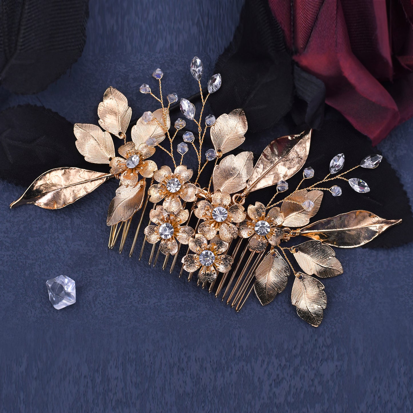 BRIDELLA BHP297 Alloy Leaves Hair Comb Bridal Wedding Hair Accessories Handmade Rhinestone Hairpiece Woman Crystal Headwear