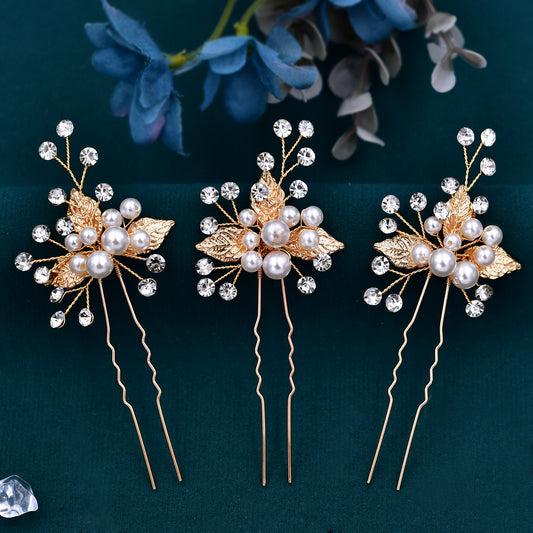 BHP133-G three pcs set gold rhinestone pearl headwear