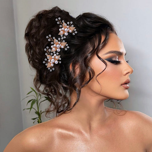BRIDELLA BHP133-G Three Hairpins Set Bridal Hhair Accessories Wedding Hair Accessories Handmade Bead and Diamond Headpieces