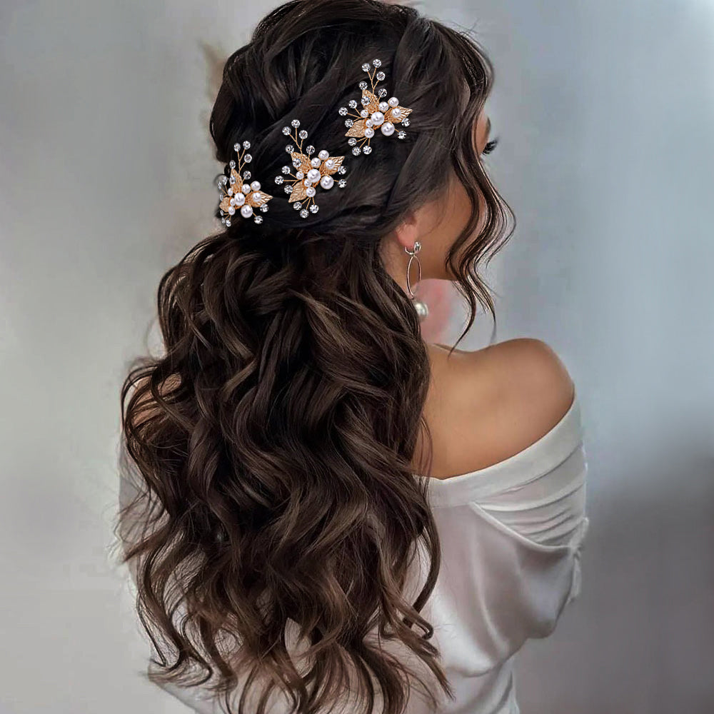 BRIDELLA BHP133-G Three Hairpins Set Bridal Hhair Accessories Wedding Hair Accessories Handmade Bead and Diamond Headpieces