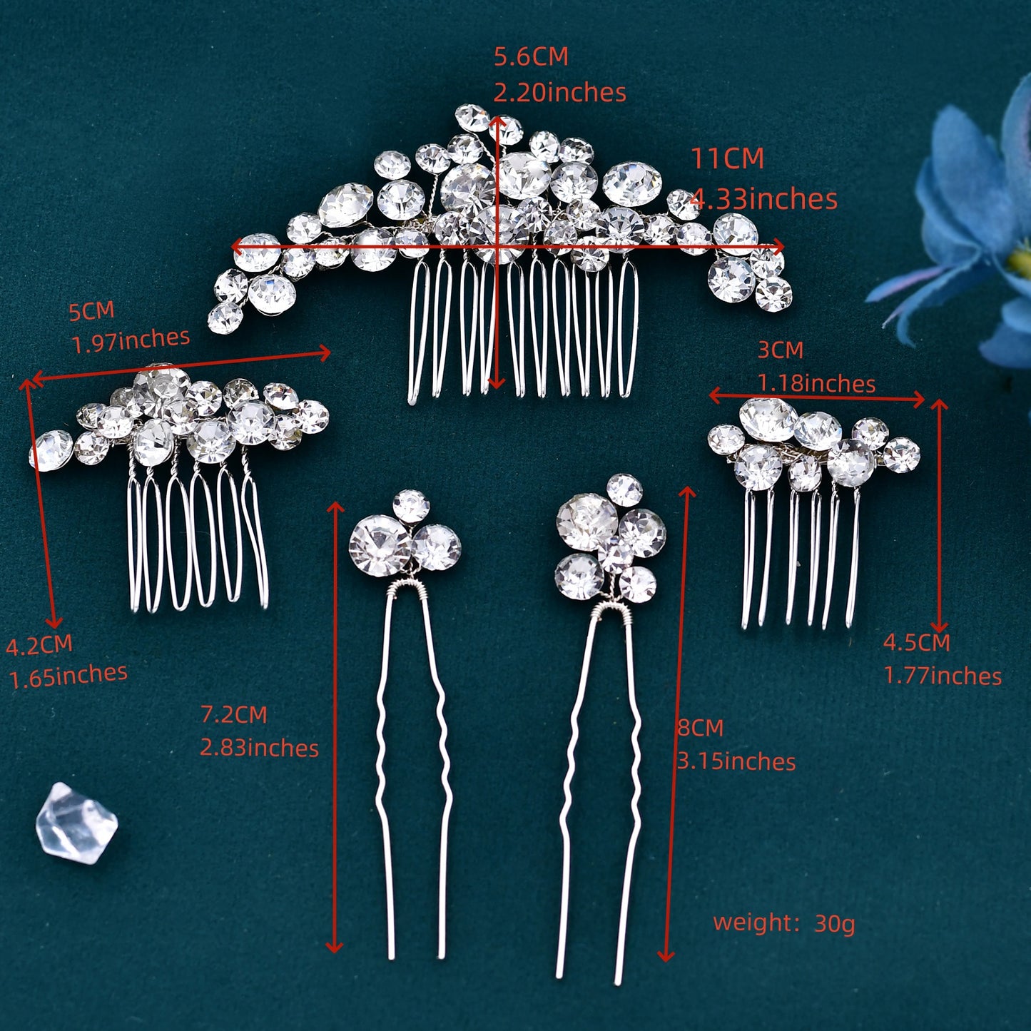 BRIDELLA BHP387  5 Pcs Set Rhinestone Hair Comb Set Bridal Wedding Crystal Hairpiece Handmade Hair Jewelry Accessories Rhinestones Hair Clip