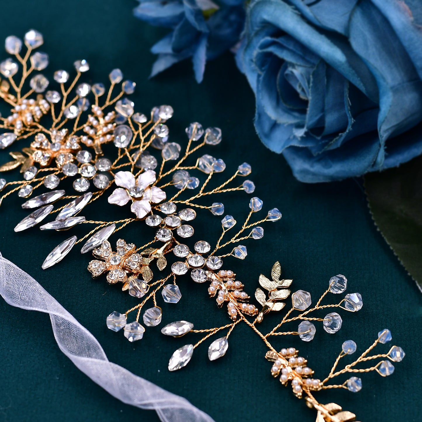 BRIDELLA BHP235 Handmade Gold Daydreaming Diamond Studded Bridal Headband with Crystal Beads Wedding Hair Accessories with Ribbons High-end Bridal Hair Accessories