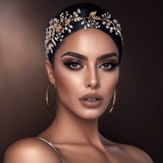 BRIDELLA BHP235 Handmade Gold Daydreaming Diamond Studded Bridal Headband with Crystal Beads Wedding Hair Accessories with Ribbons High-end Bridal Hair Accessories