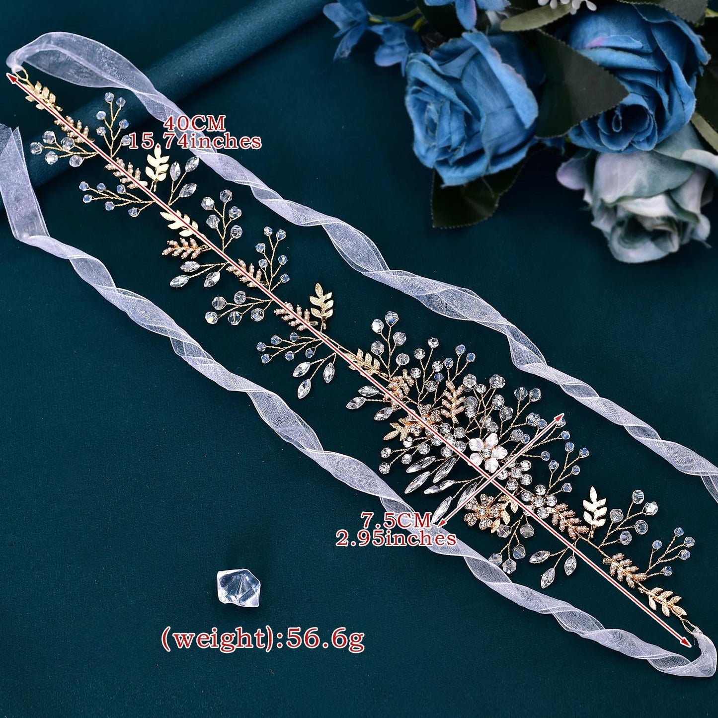BRIDELLA BHP235 Handmade Gold Daydreaming Diamond Studded Bridal Headband with Crystal Beads Wedding Hair Accessories with Ribbons High-end Bridal Hair Accessories