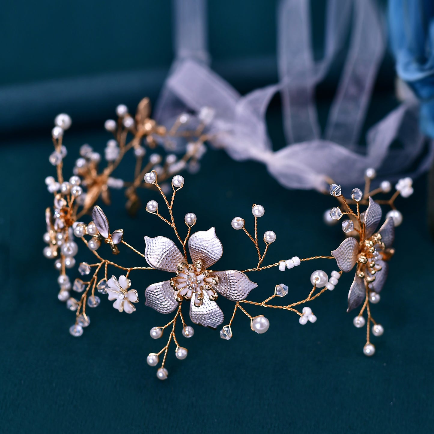 BRIDELLA BHP357 Bride Flower Hair Band Golden Color Wedding Headband Bling Crystal Hair Accessories Women Party Handmade Headwear