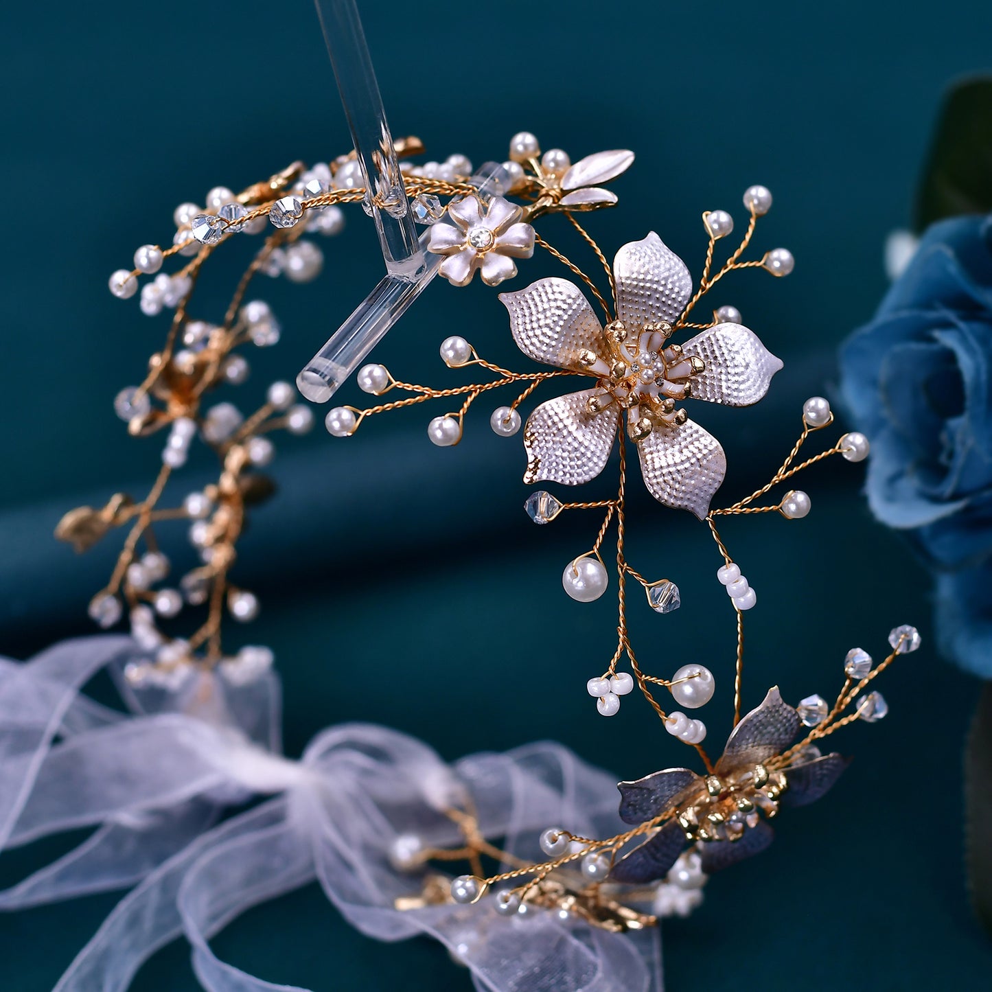 BRIDELLA BHP357 Bride Flower Hair Band Golden Color Wedding Headband Bling Crystal Hair Accessories Women Party Handmade Headwear