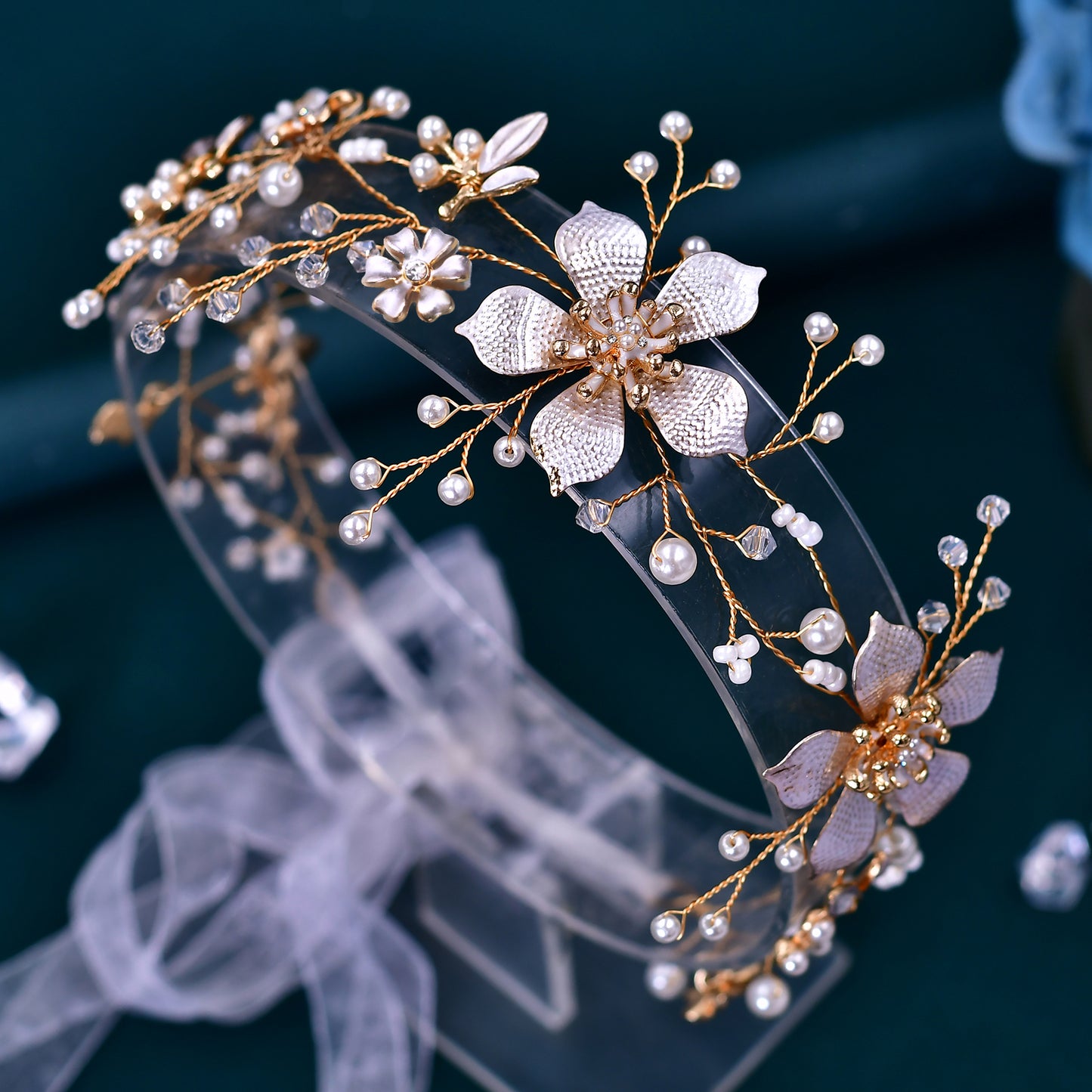 BRIDELLA BHP357 Bride Flower Hair Band Golden Color Wedding Headband Bling Crystal Hair Accessories Women Party Handmade Headwear