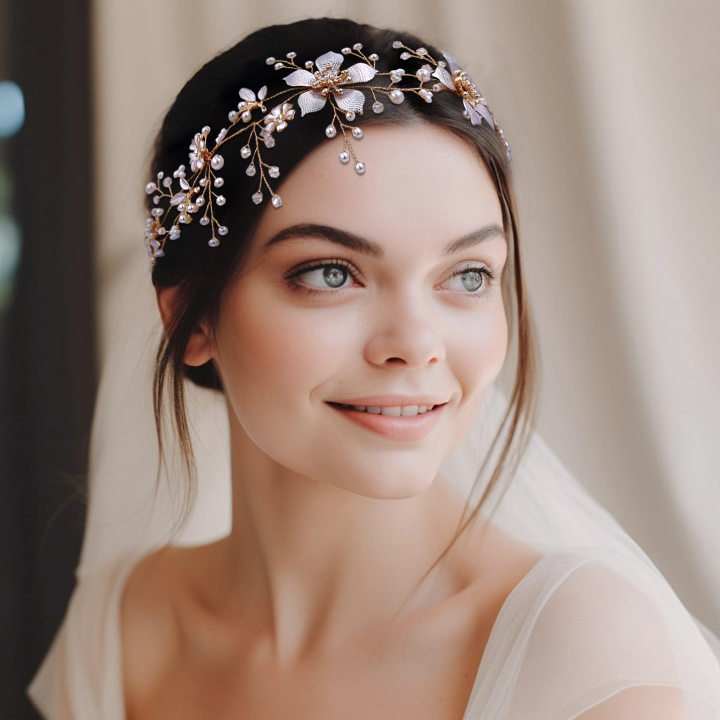 BRIDELLA BHP357 Bride Flower Hair Band Golden Color Wedding Headband Bling Crystal Hair Accessories Women Party Handmade Headwear