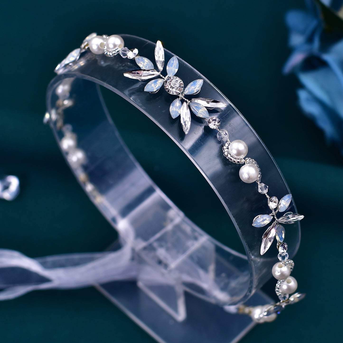 BRIDELLA BHP132 Bridal Hair Accessories Pearl Crystal Headbands for Woman Wedding Headpieces Bride Girls Headwear Beaded Tiara with Ribbon