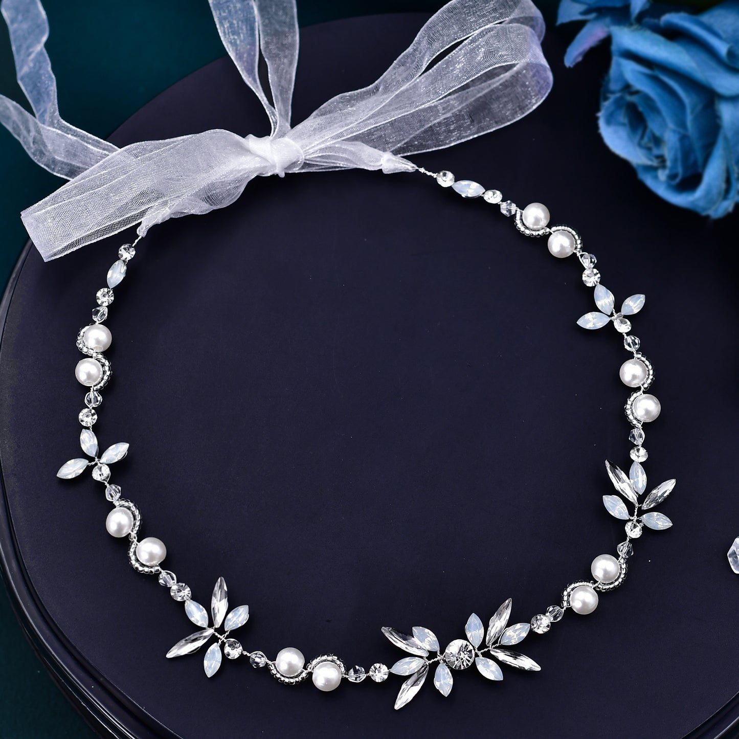 BRIDELLA BHP132 Bridal Hair Accessories Pearl Crystal Headbands for Woman Wedding Headpieces Bride Girls Headwear Beaded Tiara with Ribbon