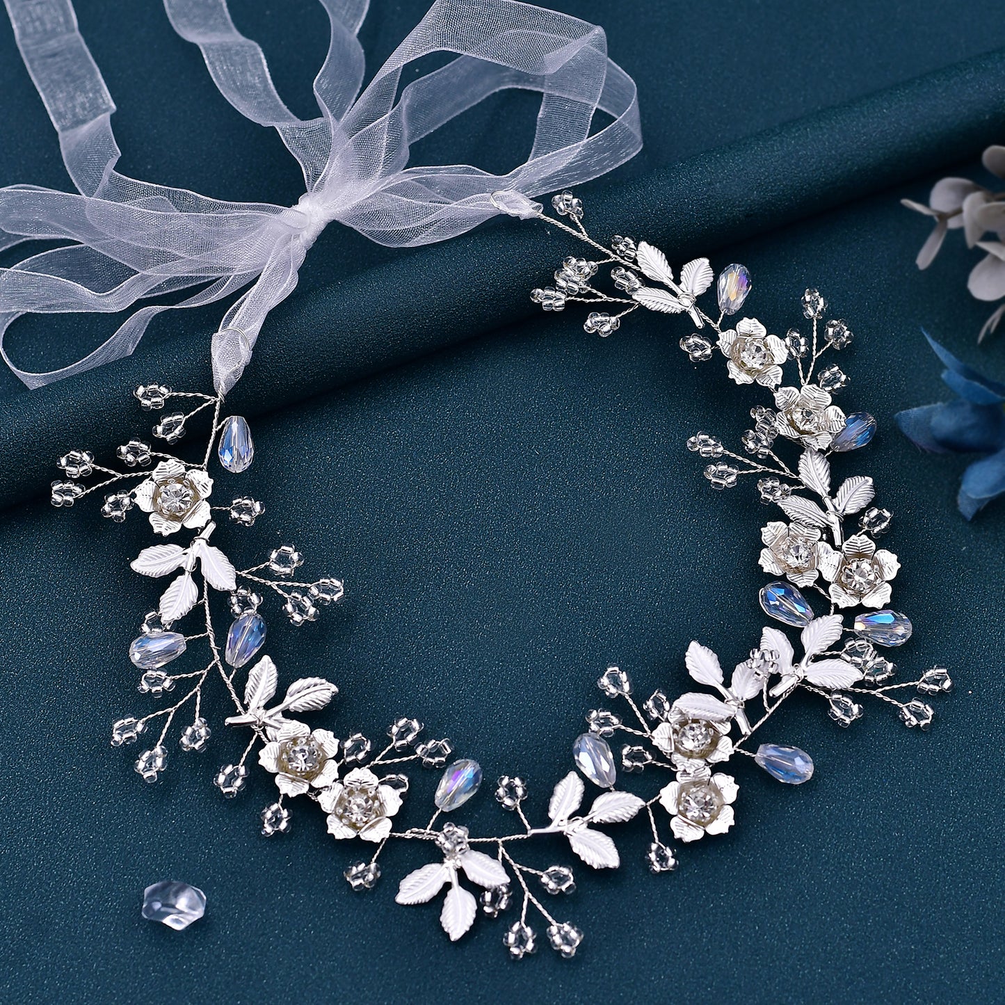 BRIDELLA BHP350 Handmade Wide Headband withAlloy LeavesF lowers Ribbons Wedding Hair Accessories Diamond Studded Bridal Headpieces High-end Wedding Accessories