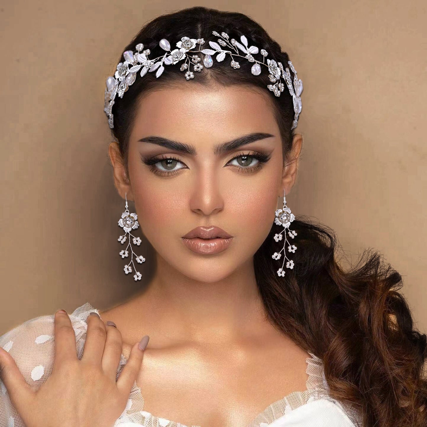 BRIDELLA BHP350 Handmade Wide Headband withAlloy LeavesF lowers Ribbons Wedding Hair Accessories Diamond Studded Bridal Headpieces High-end Wedding Accessories