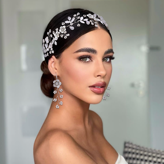BRIDELLA BHP350 Handmade Wide Headband withAlloy LeavesF lowers Ribbons Wedding Hair Accessories Diamond Studded Bridal Headpieces High-end Wedding Accessories