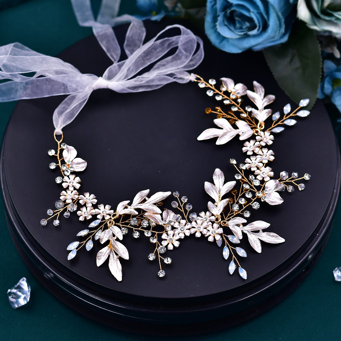 BRIDELLA BHP278  Handmade Gold Daydreaming Diamond Studded Bridal Headband with Crystal Beads Wedding Hair Accessories with Ribbons High-end Bridal Hair Accessories