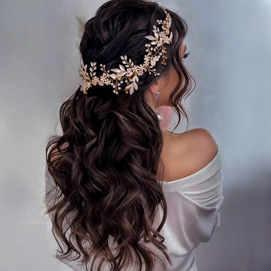 BRIDELLA BHP278  Handmade Gold Daydreaming Diamond Studded Bridal Headband with Crystal Beads Wedding Hair Accessories with Ribbons High-end Bridal Hair Accessories