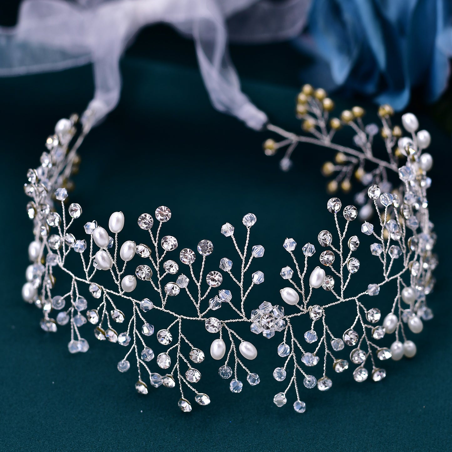 BRIDELLA BHP10 Wedding Hair Accessories Jewelry Handmade Bride Headpiece Crystal Bridal Tiara Pearl Headband for Woman Girls