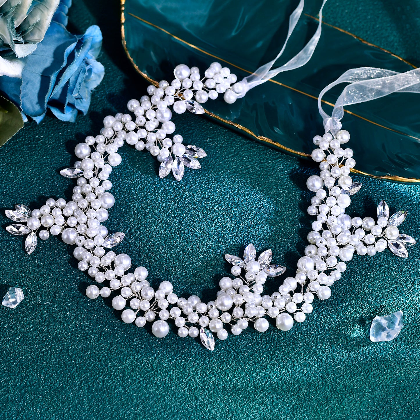 BRIDELLA BHP186 White Pearl Headband for Bride Woman Headdress Wedding Hair Accessories Rhinestone Headpieces Bridal Headwear