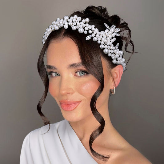 BRIDELLA BHP186 White Pearl Headband for Bride Woman Headdress Wedding Hair Accessories Rhinestone Headpieces Bridal Headwear