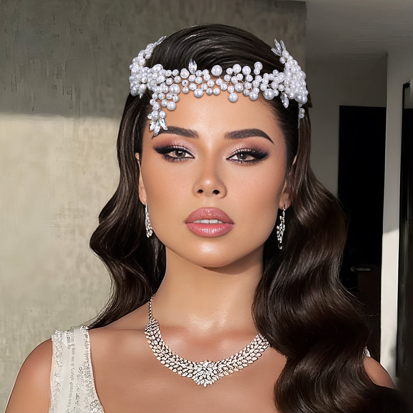 BRIDELLA BHP186 White Pearl Headband for Bride Woman Headdress Wedding Hair Accessories Rhinestone Headpieces Bridal Headwear