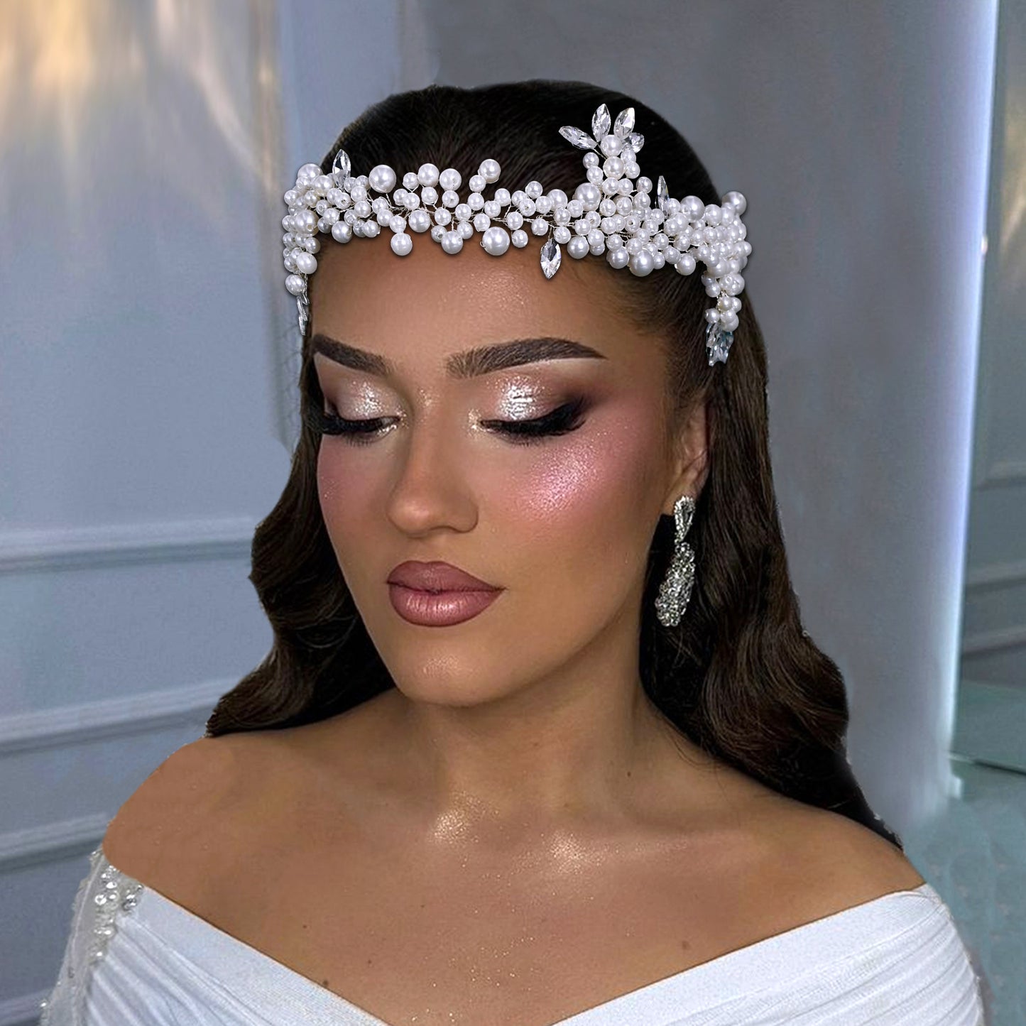 BRIDELLA BHP186 White Pearl Headband for Bride Woman Headdress Wedding Hair Accessories Rhinestone Headpieces Bridal Headwear