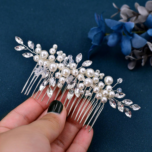 BHP13 silver rhinestone pearl hair comb