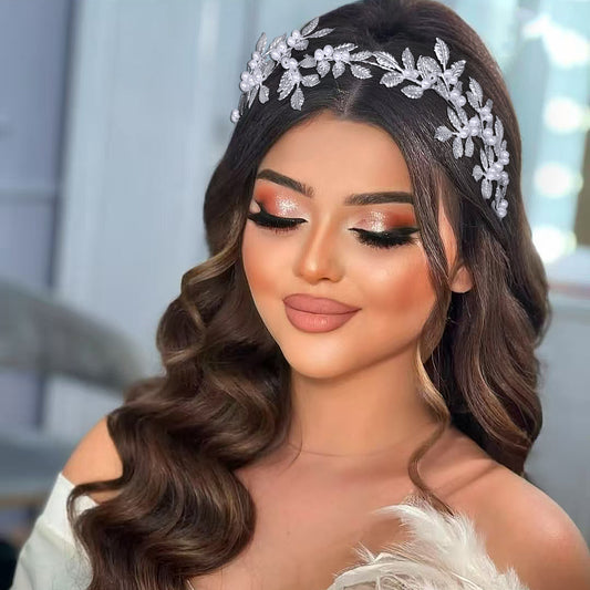 BRIDELLA BHP353 Wedding Bridal Headband Alloy Leaf Pearl Headpiece Multi Colored Handmade Hair Accessories Banquet Party Hairwear Ribbon