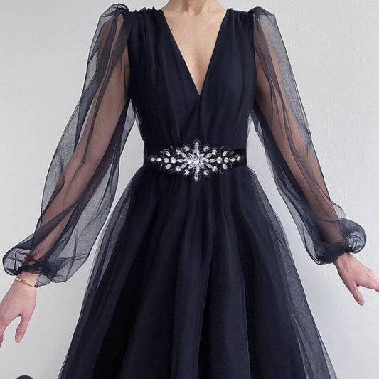 BRIDELLA BS01B Party Dress Belt with Diamond Decoration and Black Ribbon