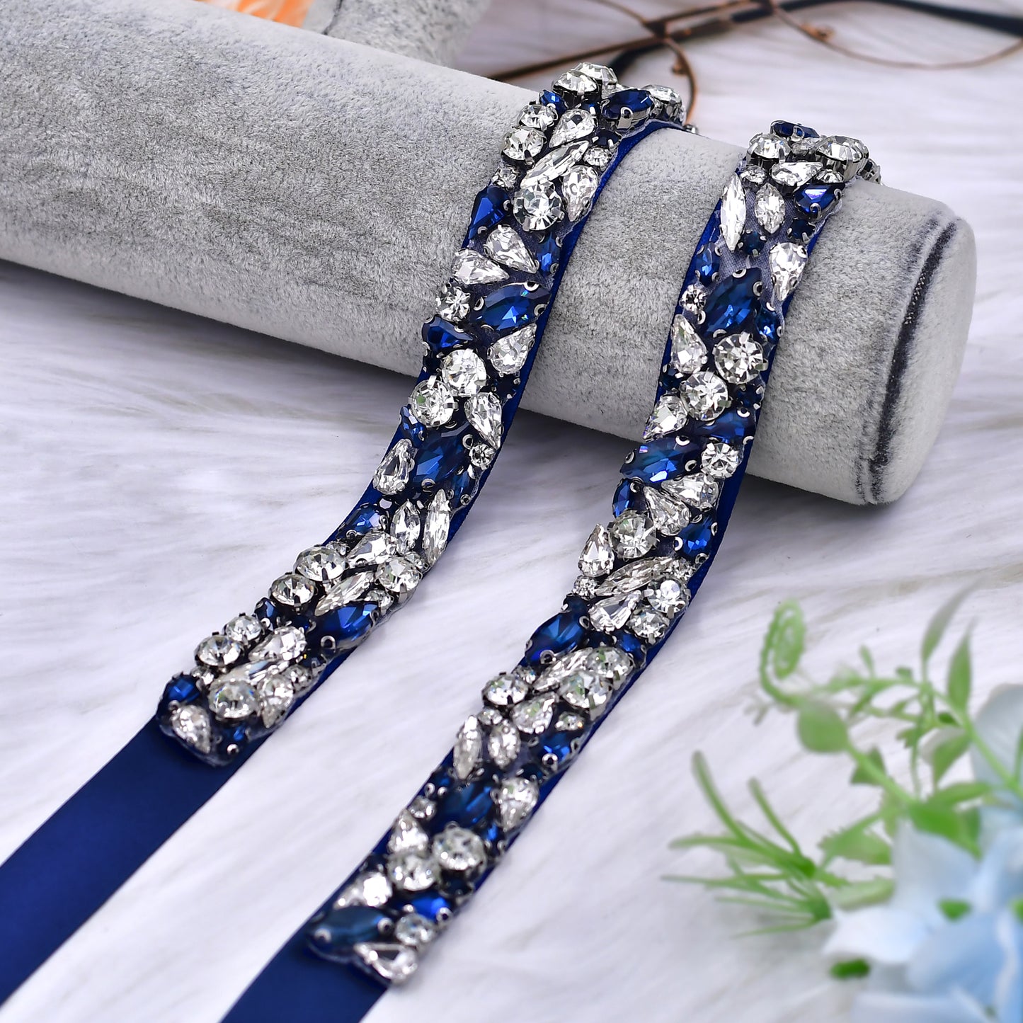 BRIDELLA BS85ML Dress Belt Rhinestone Wedding Belt Dark Blue Belt