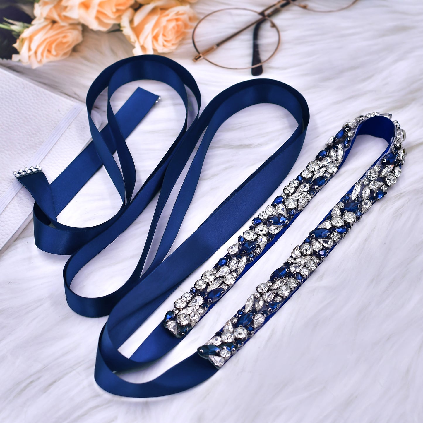 BRIDELLA BS85ML Dress Belt Rhinestone Wedding Belt Dark Blue Belt