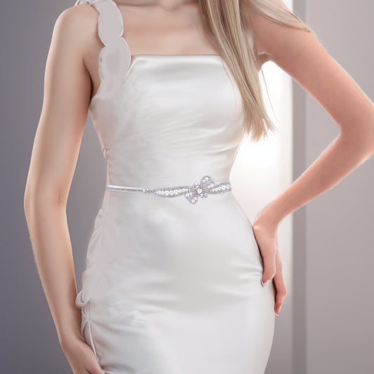 BRIDELLA BS97 Exquisite Bow Slimming Rhinestone Belt Compact And Fresh Silver Dress Belt