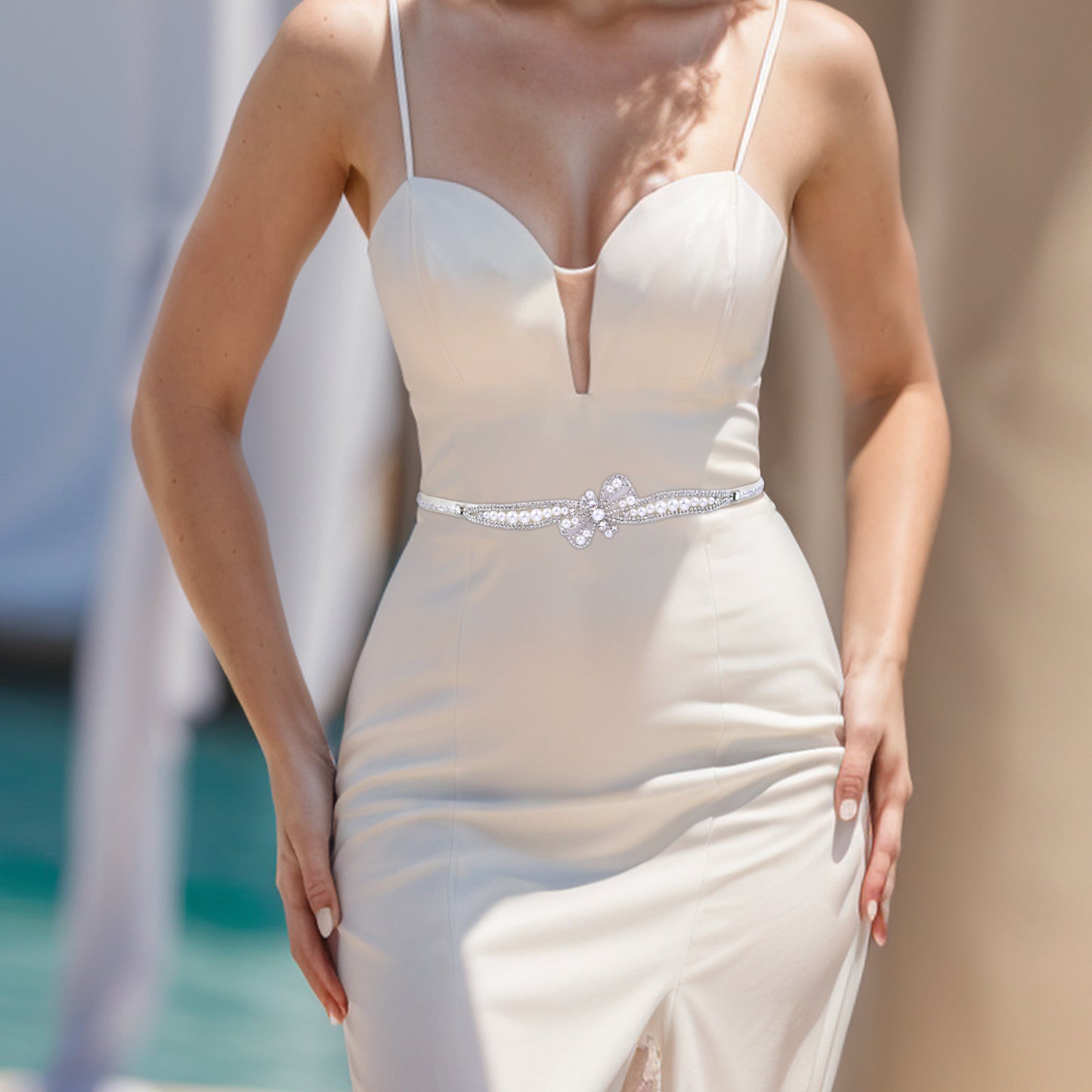 BRIDELLA BS97 Exquisite Bow Slimming Rhinestone Belt Compact And Fresh Silver Dress Belt