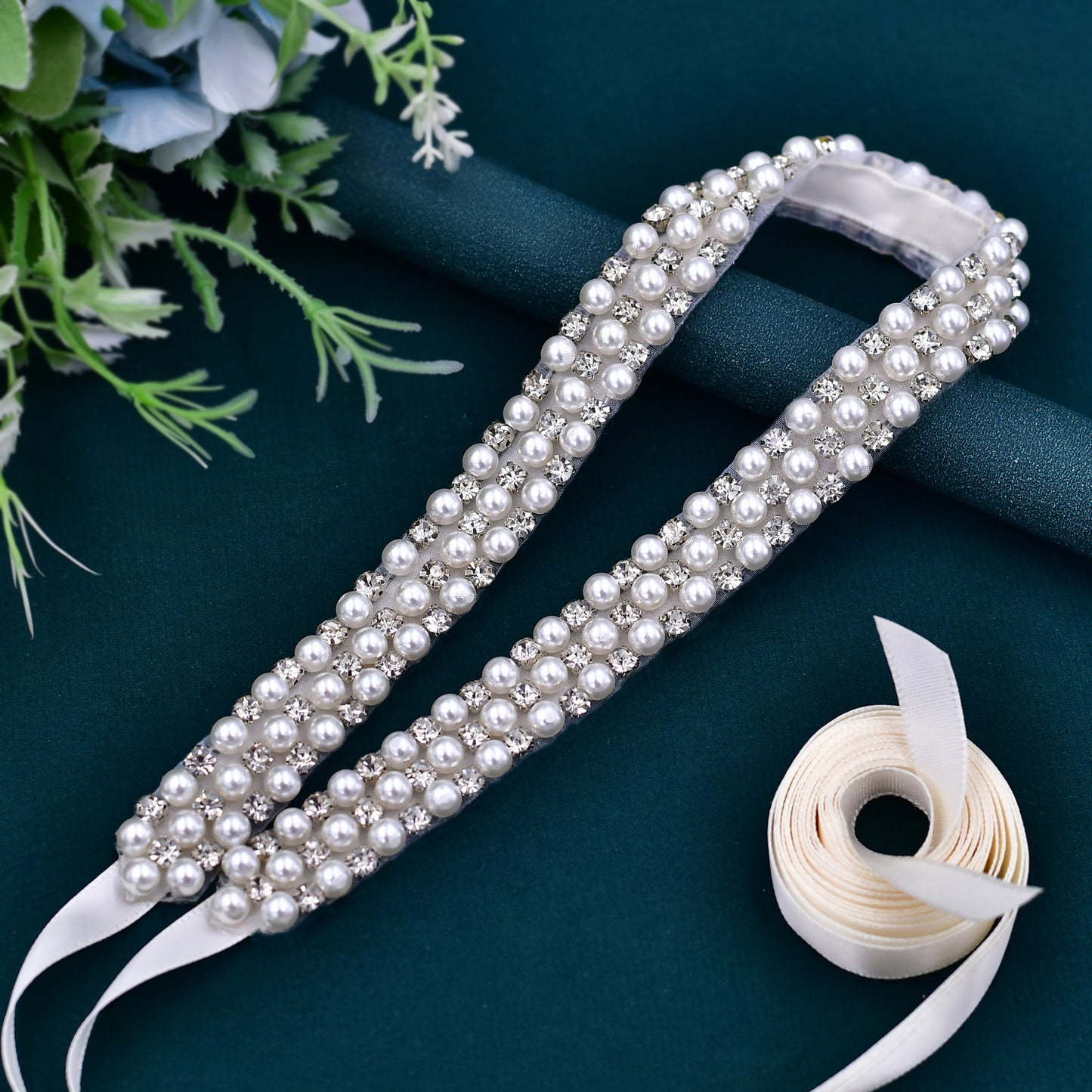 BRIDELLA BS134 Pure White Pearl Rhinestone Bridal Belt Adjustable Eternal Wedding Gift