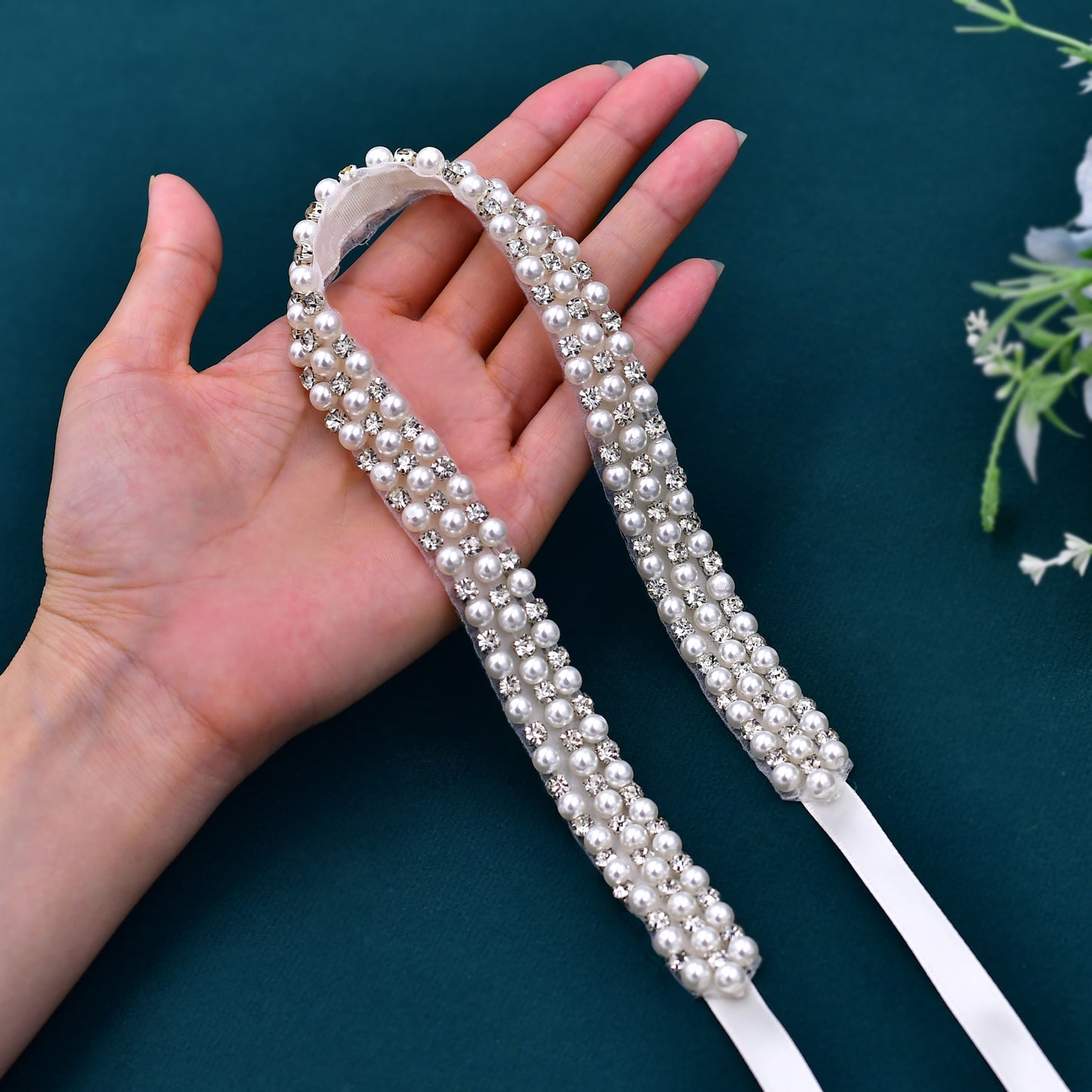 BRIDELLA BS134 Pure White Pearl Rhinestone Bridal Belt Adjustable Eternal Wedding Gift