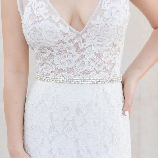 BRIDELLA BS134 Pure White Pearl Rhinestone Bridal Belt Adjustable Eternal Wedding Gift