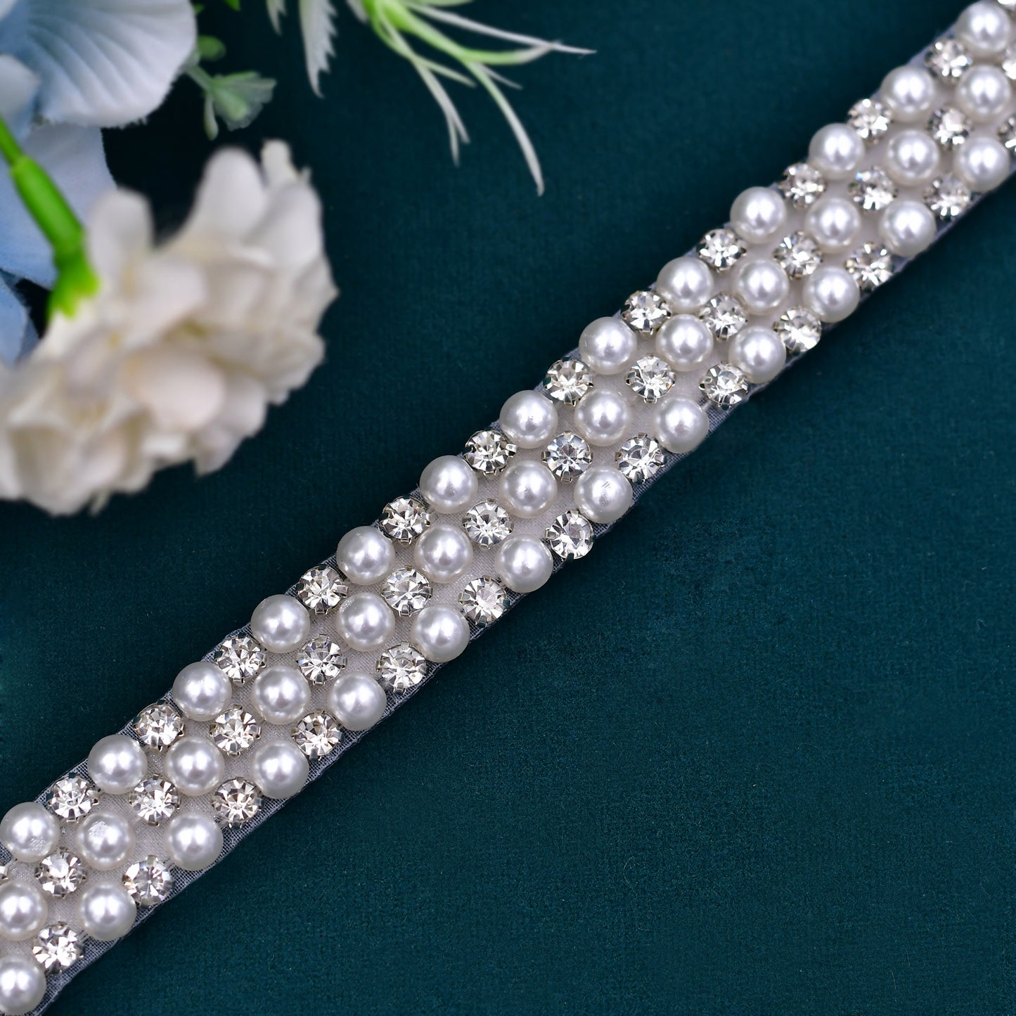 BRIDELLA BS134 Pure White Pearl Rhinestone Bridal Belt Adjustable Eternal Wedding Gift