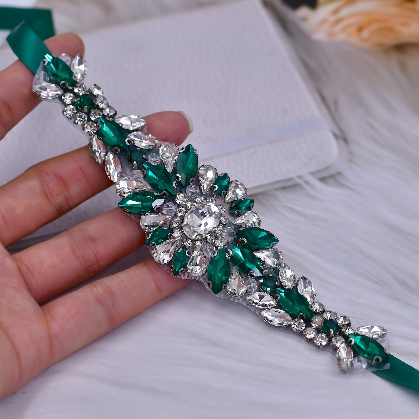 BRIDELLA BS142KL Vintage Emerald Crystal Fairy Tale Waist Accessory Extended Party And Dinner Belt