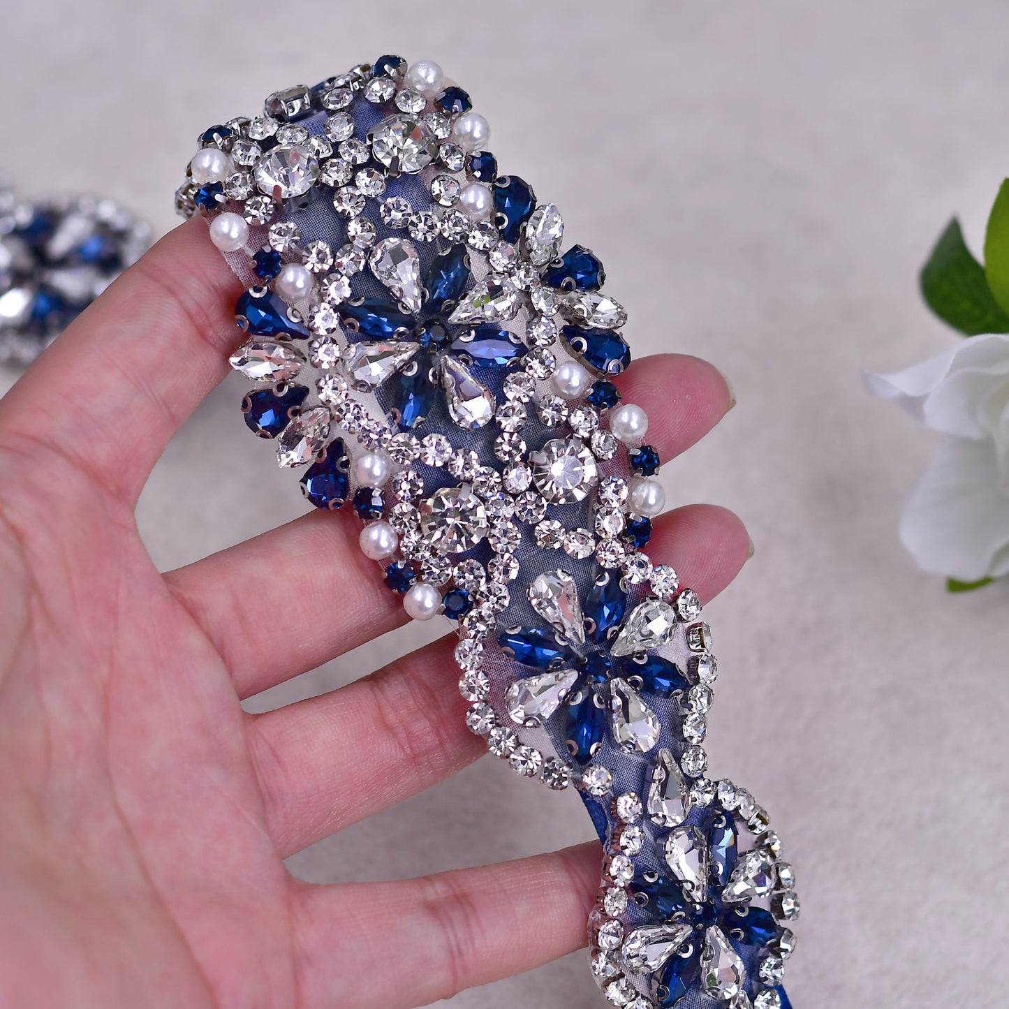 BRIDELLA BS161ML Classic Plus Size Girl Banquet Belt With Inlaid Navy Blue Rhinestones Pearl Strap Design