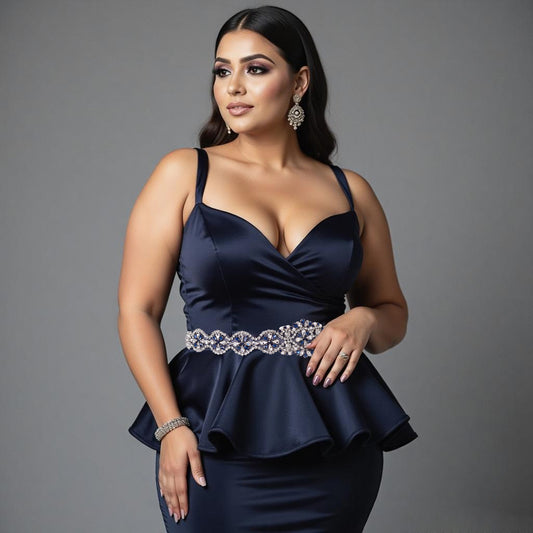BRIDELLA BS161ML Classic Plus Size Girl Banquet Belt With Inlaid Navy Blue Rhinestones Pearl Strap Design