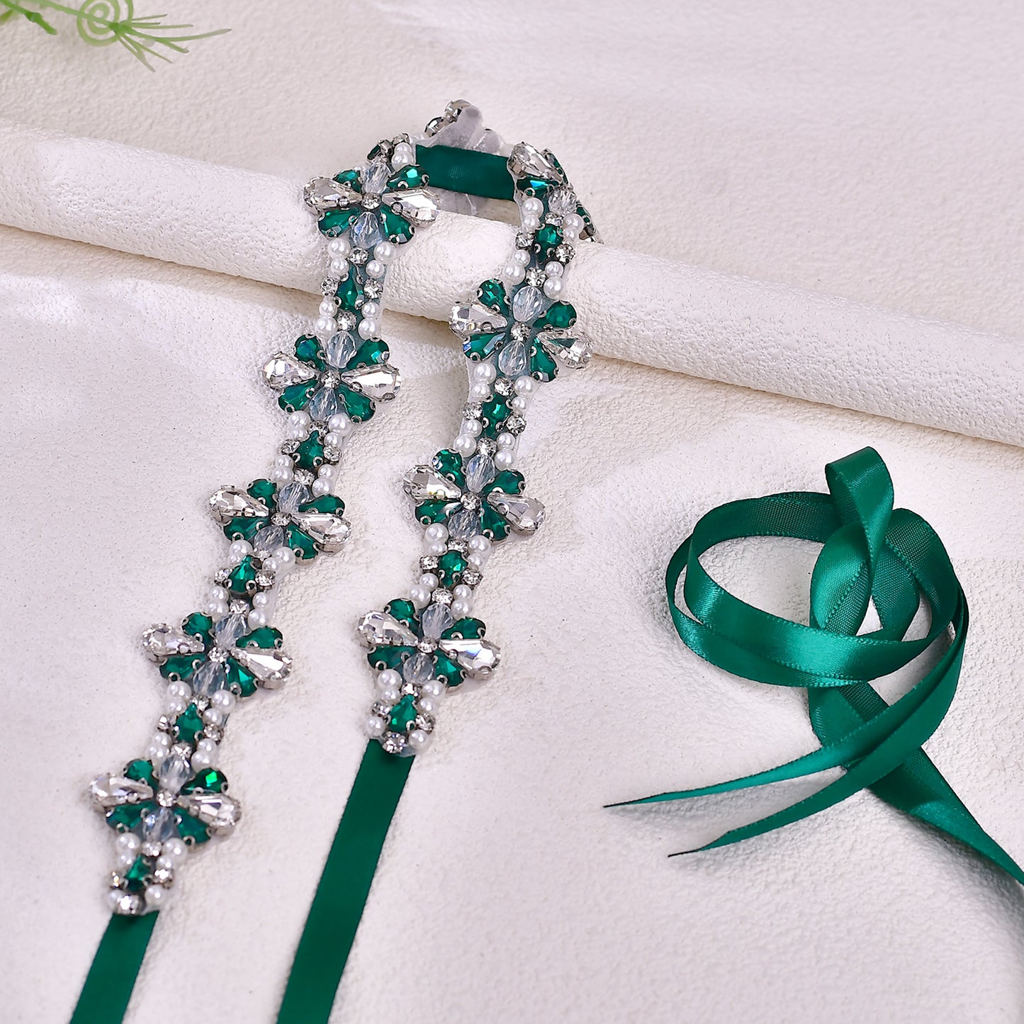 BRIDELLA BS169KL Bridal Belt Diamond Design Pearl Crystal Green Diamond Dress Decoration