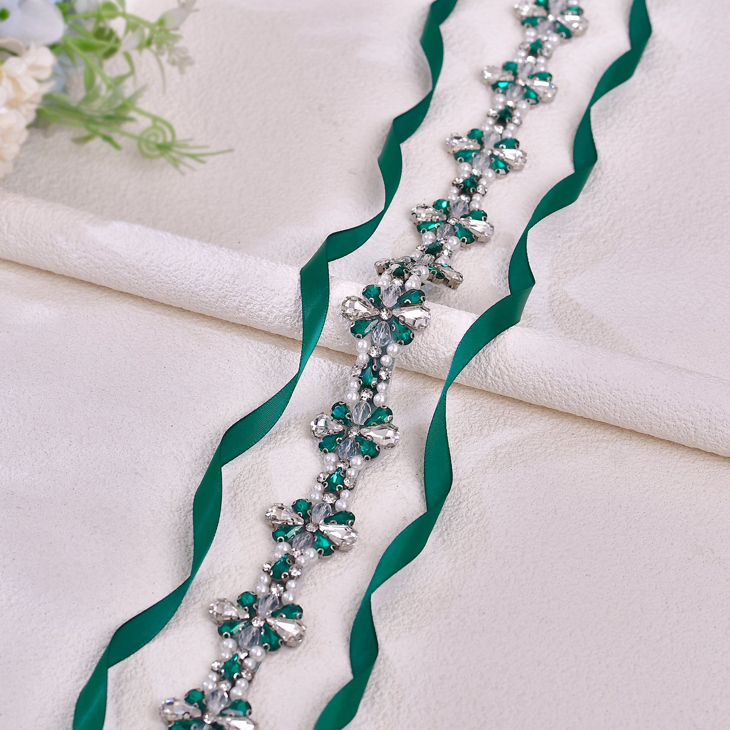 BRIDELLA BS169KL Bridal Belt Diamond Design Pearl Crystal Green Diamond Dress Decoration