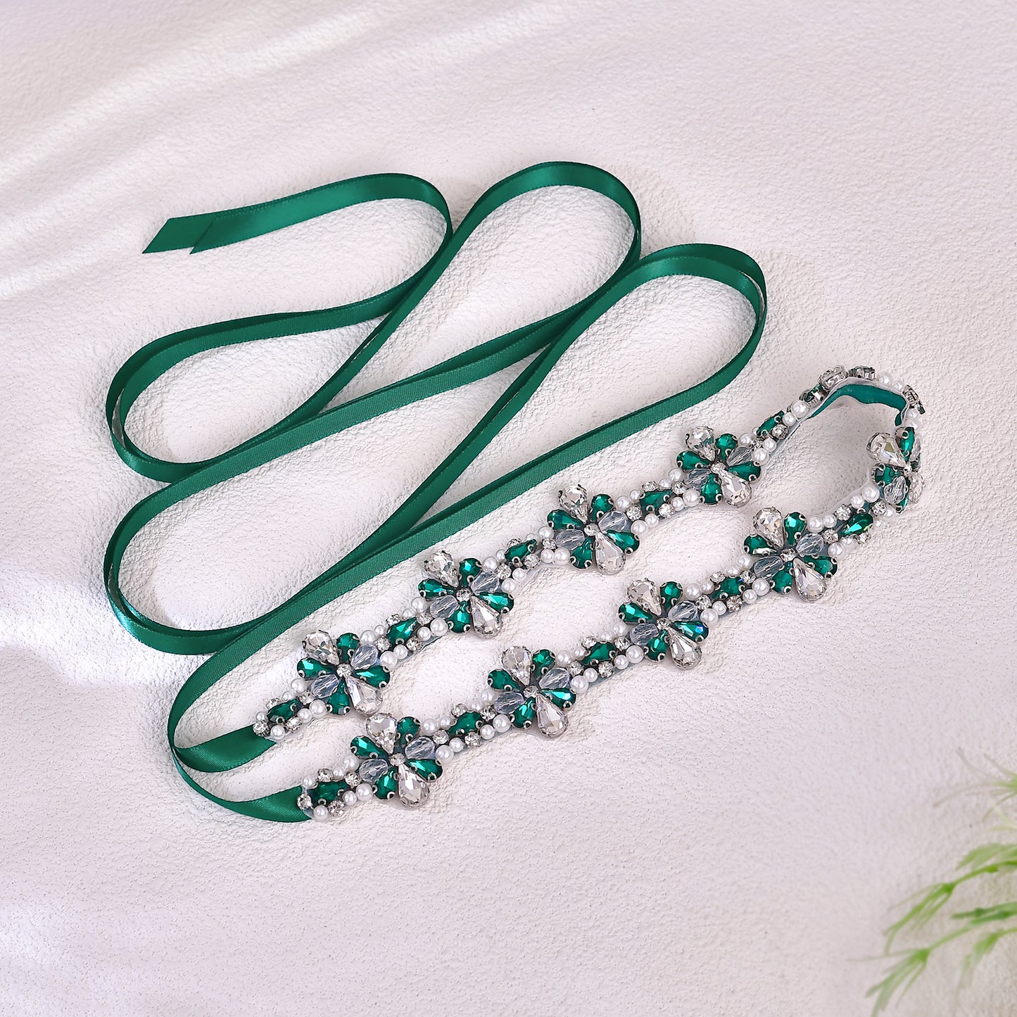 BRIDELLA BS169KL Bridal Belt Diamond Design Pearl Crystal Green Diamond Dress Decoration