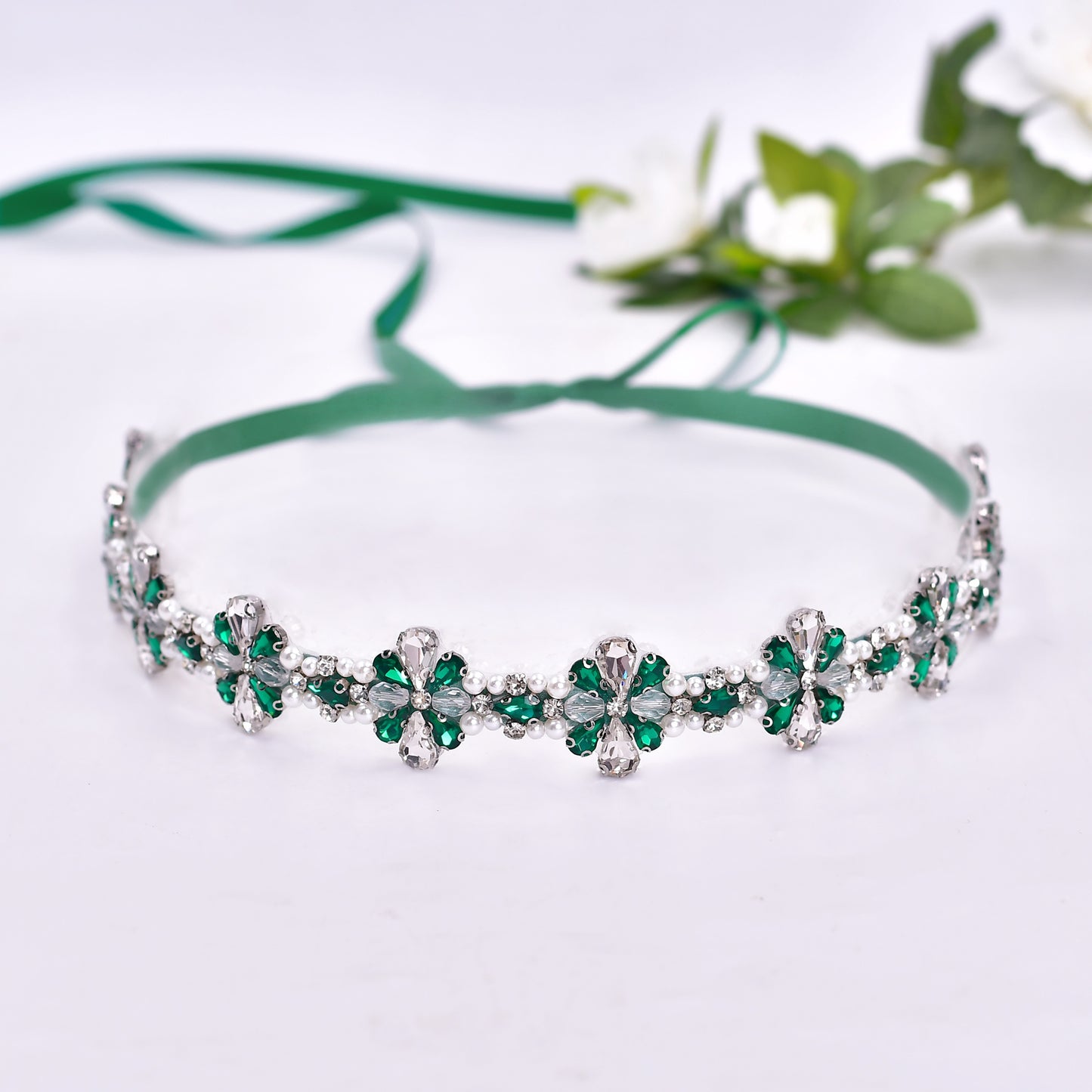 BRIDELLA BS169KL Bridal Belt Diamond Design Pearl Crystal Green Diamond Dress Decoration