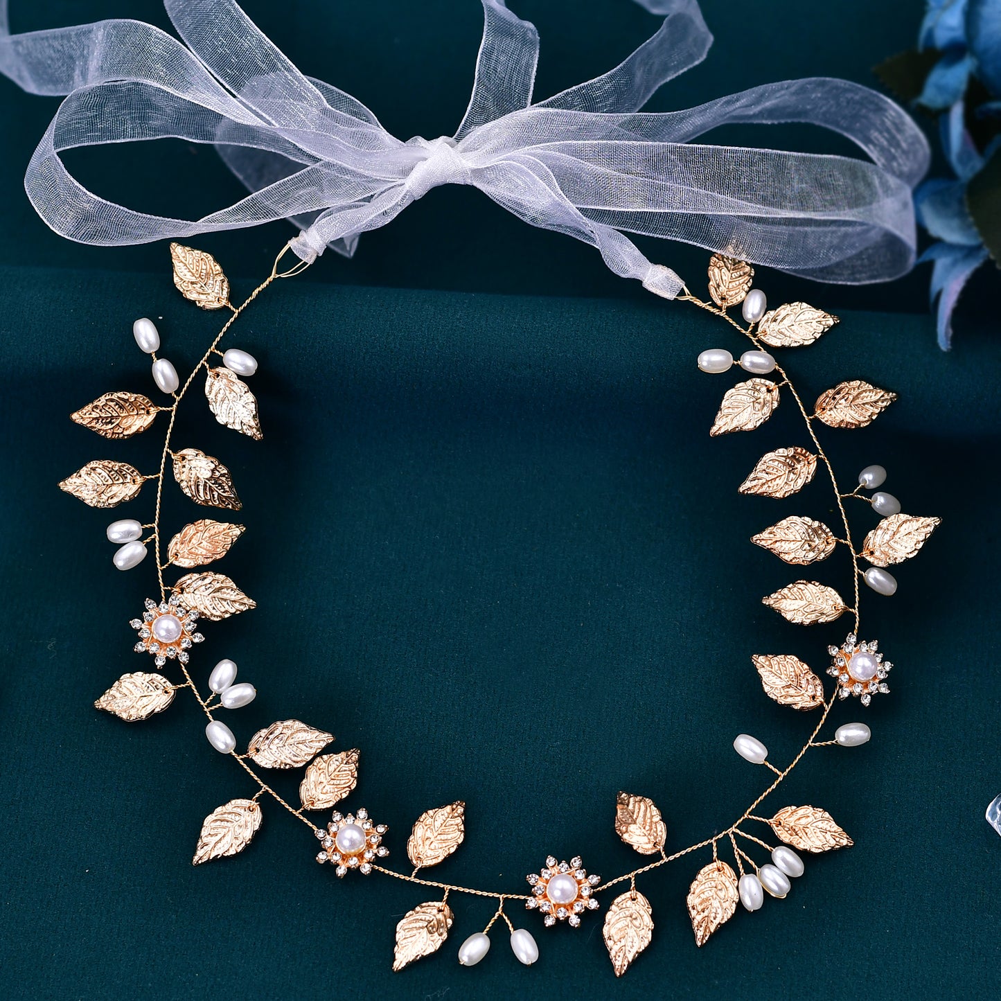 BRIDELLA BHP110 Golden Alloy Leaf Headband for Brides Hand Woven Metal Studded with Diamonds Noble Wedding Hair Accessories