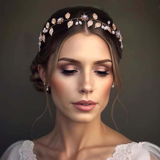 BRIDELLA BHP110 Golden Alloy Leaf Headband for Brides Hand Woven Metal Studded with Diamonds Noble Wedding Hair Accessories